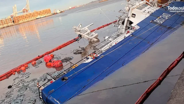 Pesquero ruso se escoró y quedó semihundido en el Puerto de Montevideo